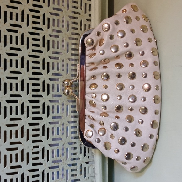 Women's VEGAN certified cream gold studded leather handheld 8×4½" clutch - Picture 1 of 12